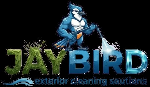 Jay Bird Exterior Cleaning Solutions logo featuring a blue jay character holding a pressure washer