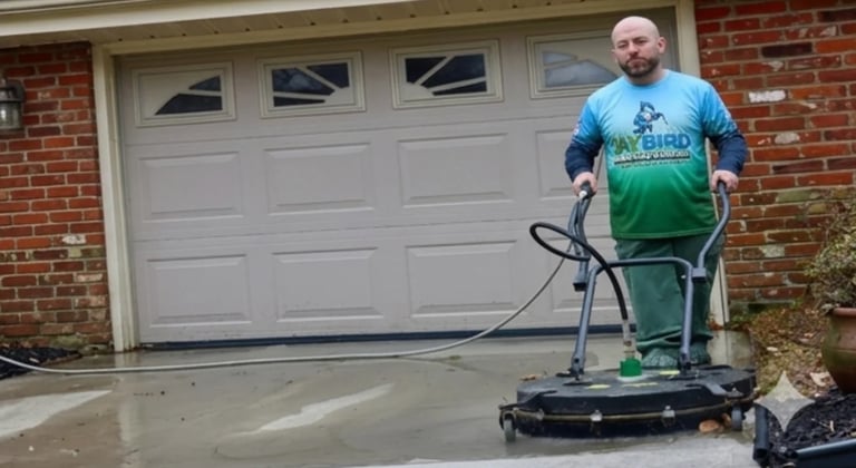 Man using a pressure washer to clean a driveway in front of a house with a white garage door