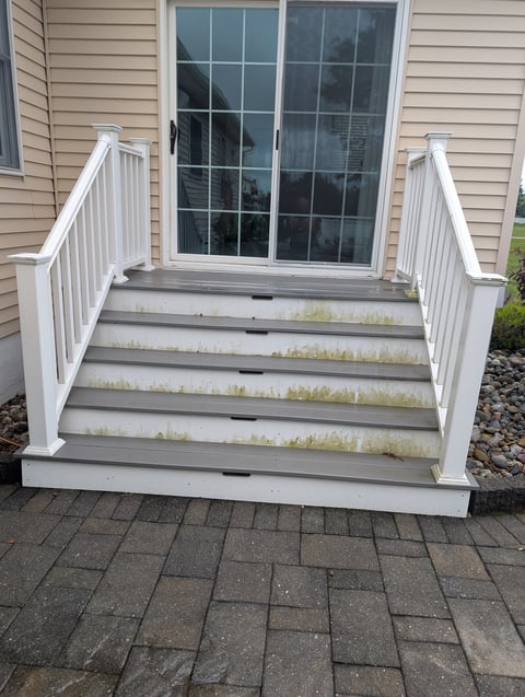 Outdoor deck stairs with white railings leading to glass sliding doors on a beige house with moss growth on steps
