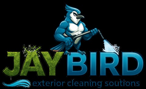 Jaybird logo featuring a muscular blue jay mascot holding a pressure washer hose with exterior cleaning solutions text below